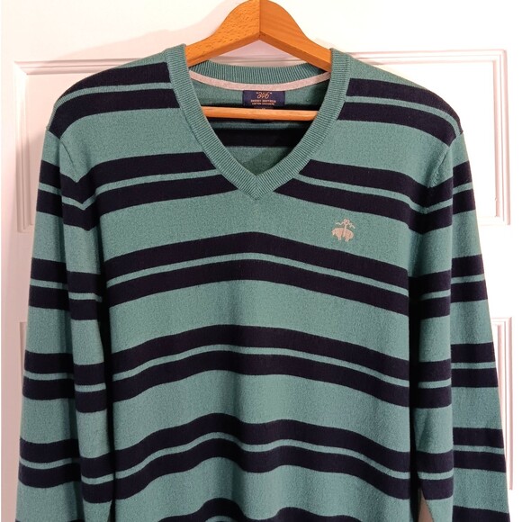 Brooks Brothers 346 Sweater Men M Green Striped Cotton Cashmere V-neck Rugby Dad - Picture 2 of 8